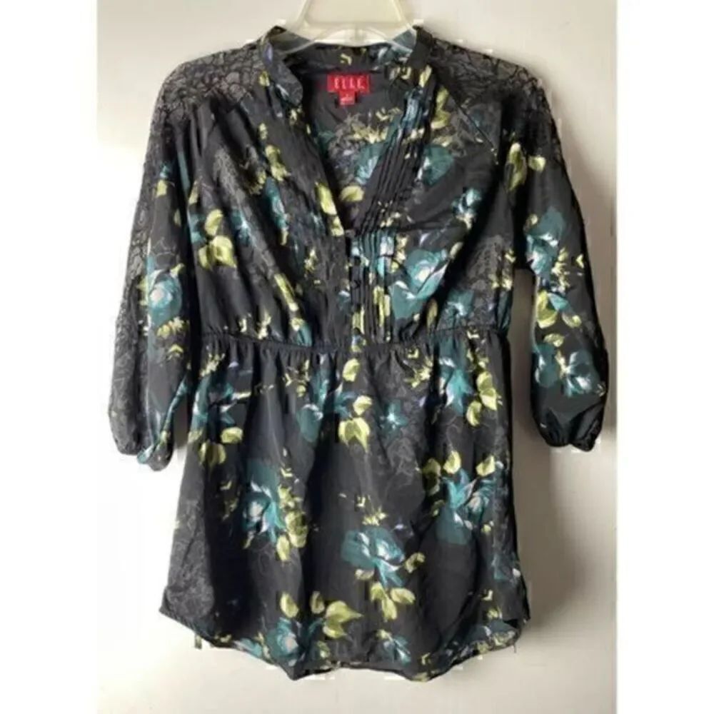 Turquoise, Lime Green & Blue Floral Mid Sleeve Blouse by Elle size Small
